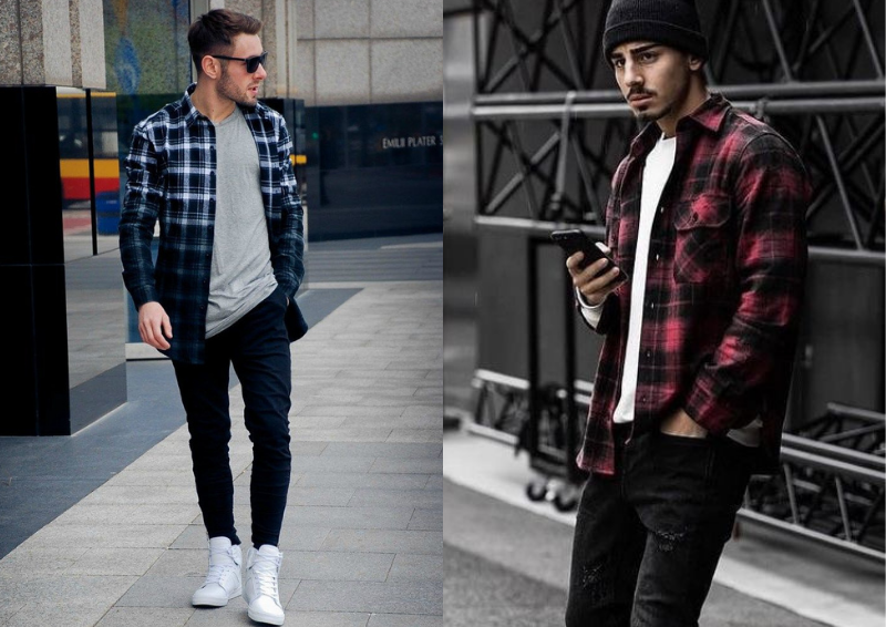 Phong cach flannel ket hop ao tee