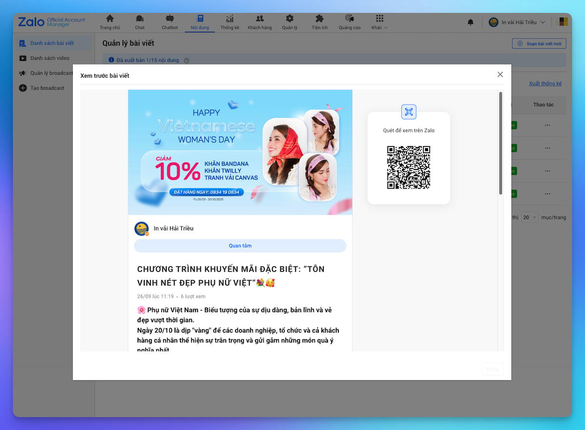 zalo oa chinh thuc cua hai trieu
